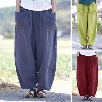 Женские брюки-шаровары, широкие однотонные длинные эластичные брюки с карманами, свободные повседневные брюки с поясом XL темно-синий