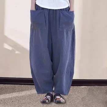 Женские брюки-шаровары, широкие однотонные длинные брюки с карманами, эластичный пояс, свободные повседневные брюки для путешествий XL темно-синий