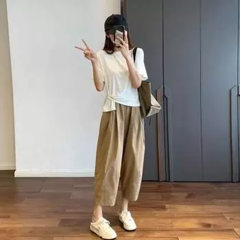 Женские брюки-шаровары, широкие повседневные однотонные брюки с регулируемым шнурком и эластичной резинкой на талии, длинные брюки с 3XL абрикосовый