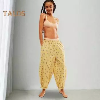 Женские брюки-шаровары со средней посадкой и эластичным поясом, повседневные широкие брюки с пуговицами в горошек, декор, шаровары, спортивные брюки на открытом воздухе L жёлтый