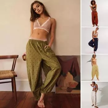 Женские брюки-шаровары со средней посадкой и эластичным поясом, повседневные широкие брюки с пуговицами в горошек, декор шаровары на открытом воздухе L жёлтый