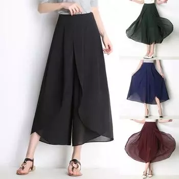 Женские брюки шифоновые широкие брюки с высокой талией Брюки-кюлоты с разрезами Драпированные свободные двухслойные брюки S зелёный