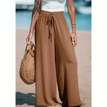 Женские брюки широкие от бедра, эластичный пояс, легкий полиэстер, повседневные офисные брюки, средняя посадка, свободный крой, весенне-летняя мода S