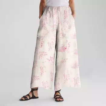 Женские брюки широкие от бедра с эластичным поясом, с принтом, с большими карманами, с отделкой пэчворк по краю, свободные L розовый
