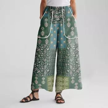 Женские брюки широкие от бедра с эластичным поясом, с принтом, с большими карманами, с отделкой пэчворк по краю, свободные XL