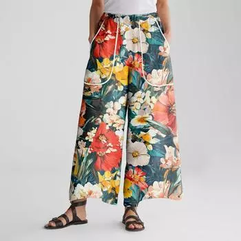 Женские брюки широкие от бедра с эластичным поясом, с принтом, с большими карманами, с отделкой пэчворк по краю, свободные S