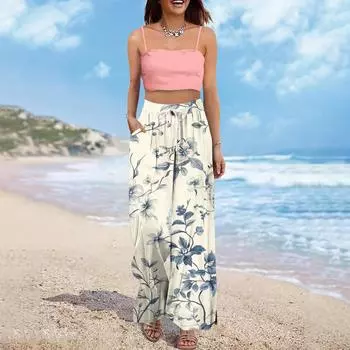 Женские брюки широкие от бедра с эластичным поясом, с принтом, с большими карманами, с отделкой пэчворк по краю, свободные S бежевый