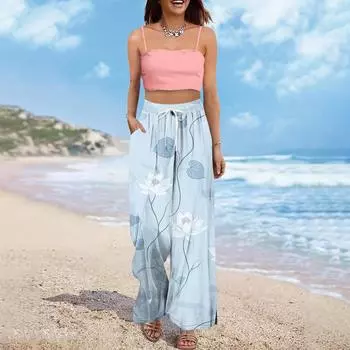 Женские брюки широкие от бедра с эластичным поясом, с принтом, с большими карманами, с отделкой пэчворк по краю, свободные XL