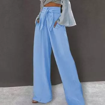 Женские брюки, широкие прямые свободные брюки на шнуровке с высокой эластичной резинкой на талии, мягкие карманы, однотонные брюки полной длины L небесно-голубой