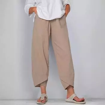 Женские брюки широкого кроя из хлопка и льна с эластичной резинкой на талии — повседневные, длина девять точек 4XL чёрный