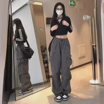 Женские брюки широкого кроя: Новые модели весна/лето, свободный крой, подчеркивающий фигуру, прямые комбинезоны с множеством карманов армия зеленый