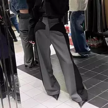 Женские брюки-швабры Chestnut Spring Design Sense Color Contrast Patchwork с высокой талией, свободные, широкие, с шваброй XS чёрный