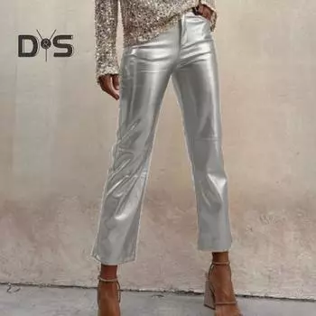 Женские брюки Slim Fit с глянцевой гладкой поверхностью из искусственной кожи с карманами на молнии и пуговицах со средней талией Мягкие дышащие клубные вечерние женские девятые брюки L серебряный