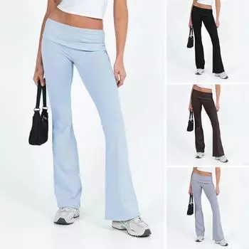 Женские брюки со средней посадкой, эластичная талия, регулируемая боковая завязка, длинные брюки, однотонные узкие расклешенные брюки, одежда M чёрный