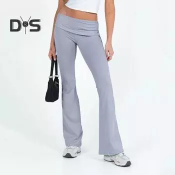 Женские брюки со средней посадкой, эластичная талия, регулируемая боковая завязка, длинные брюки, однотонные узкие расклешенные брюки, повседневная одежда M чёрный