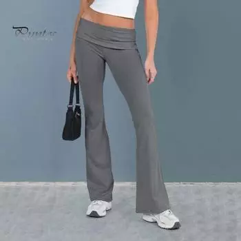 Женские брюки со средней посадкой, эластичная талия, регулируемая боковая завязка, длинные брюки, однотонные узкие расклешенные брюки, повседневная одежда M чёрный