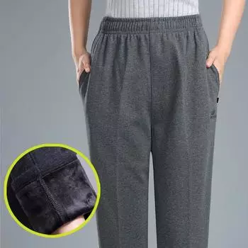 Женские брюки среднего возраста, повседневные свободные брюки для мам с эластичной резинкой на талии, теплые женские брюки большого размера на весну и осень, Pantalon Femme XXXXL чёрный