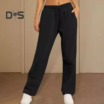 Женские брюки средней посадки с эластичной талией, регулируемые на шнурке, длинные брюки, однотонные, прямые, широкие, осенне-зимние спортивные брюки XXL серый