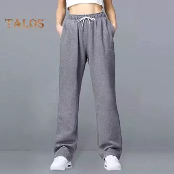 Женские брюки средней посадки с эластичной талией, регулируемые на шнурке, длинные брюки, однотонные, прямые, широкие, осенне-зимние спортивные брюки XXL коричневый