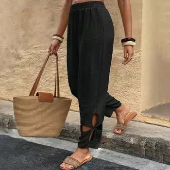 Женские брюки средней посадки с эластичной талией, однотонные длинные брюки свободного кроя с ажурным цветочным узором, повседневные брюки для повседневной носки XL хаки