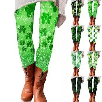 Женские брюки St.. Принты ко Дню Святого Патрика, эластичные мягкие штаны, повседневные домашние спальные штаны S зелёный