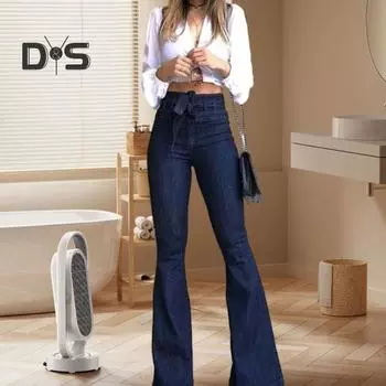 Женские брюки, стильные свободные повседневные расклешенные брюки с высокой талией, хлопковые джинсовые широкие джинсы для повседневной носки L чёрный