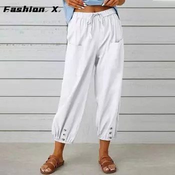 Женские брюки Свободные брюки из хлопка и льна с высокой талией Женские брюки-девятиминутки с широкими штанинами S темно-серого