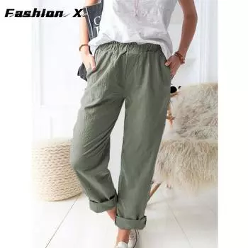 Женские брюки, свободные широкие брюки, повседневные эластичные хлопковые льняные брюки S чёрный