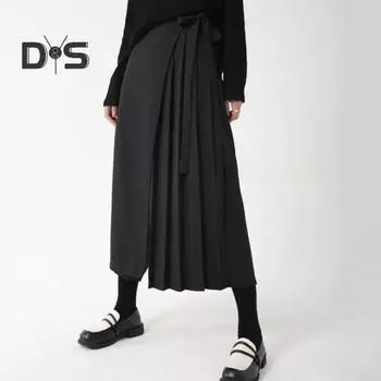 Женские брюки темного стиля, черные, однотонные, плиссированные, из двух частей, нестандартные, для улицы, свободные, широкие, повседневные, индивидуальные, длиной до середины голени, кюлоты 2XL чёрный