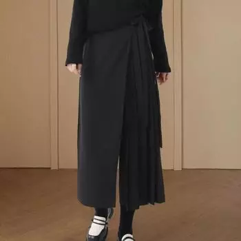 Женские брюки Темный стиль Черный однотонный плиссированный искусственный комплект из двух частей Нерегулярные свободные широкие брюки повседневные индивидуальные брюки-кюлоты до середины икры XL чёрный