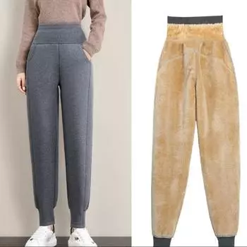 Женские брюки, теплые зимние, толстые, из овчины, кашемировые брюки, высокая талия, черные, шаровары, длинные, шерстяные, устойчивые к холоду брюки S серый