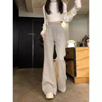 Женские брюки-туалет с флагом и бархатными брюками на осень и зиму. Новые утолщенные спортивные брюки. Модные серые повседневные брюки. M