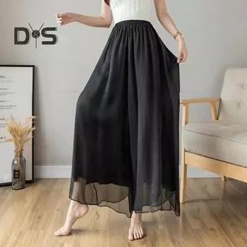 Женские брюки-юбка, двухслойные шифоновые длинные брюки с эластичной резинкой на талии, однотонные сетчатые марлевые брюки M чёрный