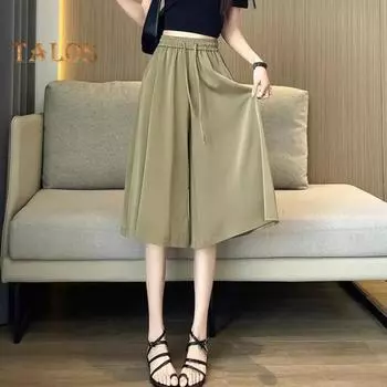 Женские брюки-юбка с эластичной резинкой на талии и регулируемым шнурком, укороченные брюки из ледяного шелка, однотонные повседневные брюки-кюлоты свободного покроя L чёрный