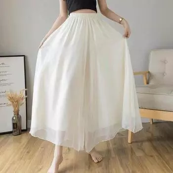 Женские брюки-юбка с эластичной резинкой на талии, шифоновые длинные брюки в сетку, однотонные марлевые брюки с двухслойным дизайном M темно-синий