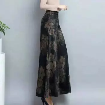 Женские брюки-юбка с принтом в стиле ретро, широкие брюки, свободные эластичные брюки с высокой талией и глубокой промежностью, искусственная юбка трапециевидной формы длиной до щиколотки, девятые брюки для женщин среднего возраста, брюки для мам 2XL чё