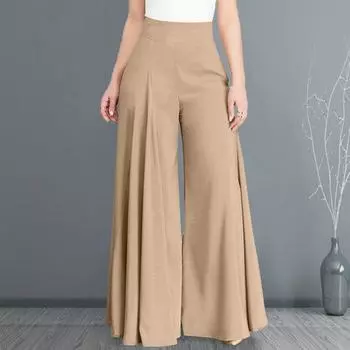 Женские брюки-юбка с широкими штанинами и застежкой-молнией с высокой талией Свободные однотонные брюки A-Big Hem с глубокой промежностью Полная длина Повседневные брюки-кюлоты для танцевальных представлений Длинные L хаки