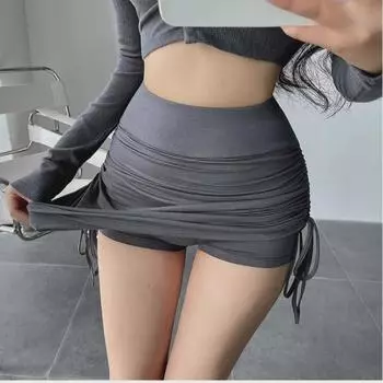 Женские брюки-юбки с высокой талией и завязками — облегающие, свободные, повседневные, для занятий йогой на весну и лето M серый
