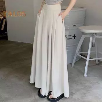 Женские брюки-юбки с высокой талией, однотонные длинные брюки с боковыми карманами, однотонные широкие плиссированные брюки для работы и отдыха S светло-синий