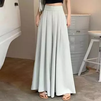 Женские брюки-юбки с высокой талией, однотонные длинные брюки с боковыми карманами, однотонные широкие плиссированные брюки для работы и отдыха L светло-синий