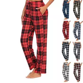 Женские брюки. Удобные пижамные брюки в клетку с принтом в полоску. L чёрный