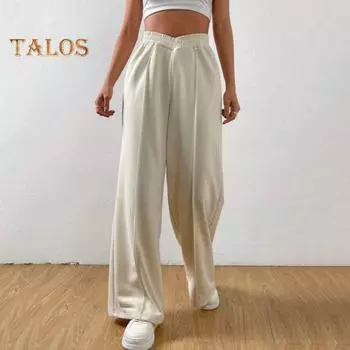 Женские брюки V-образной формы с высокой талией, прямые, широкие, длинные брюки, однотонные, свободного кроя, спортивные брюки для повседневной носки S чёрный