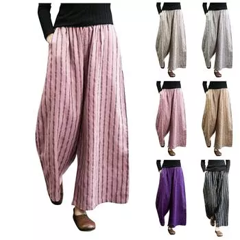 Женские брюки в полоску из хлопка и льна, облегающие и драпированные повседневные брюки прямого покроя L чёрный