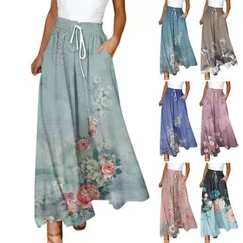 Женские брюки в стиле бохо с эластичным принтом и высокой талией, повседневные широкие брюки, длинные брюки с карманом