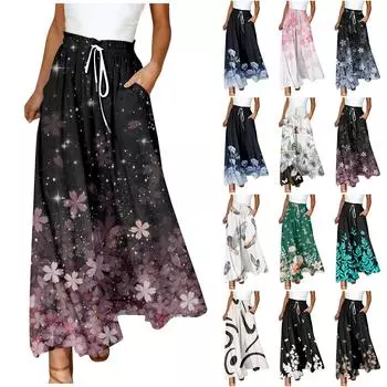 Женские брюки в стиле бохо с эластичным принтом и высокой талией, повседневные широкие брюки, длинные брюки с карманом M светло-серый