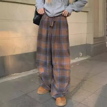 Женские брюки в стиле ретро с широкими штанинами в клетку — отшлифованные, повседневные, длиной до пола, облегающие, на весну и осень M кофейный