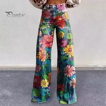 Женские брюки в стиле ретро с высокой талией и пуговицами на молнии с карманами-мухами Длинные брюки Повседневные брюки с цифровым цветочным принтом Рваные прямые широкие брюки XL синий/розовый