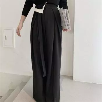 Женские брюки в стиле вестерн с драпировкой, осенние, широкие штанины, создающие уникальный повседневный образ для поездок на работу, женские брюки S чёрный