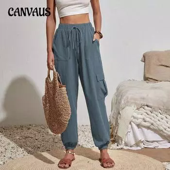 Женские брюки, весенне-летние однотонные повседневные брюки с карманами и рабочей одеждой S чёрный