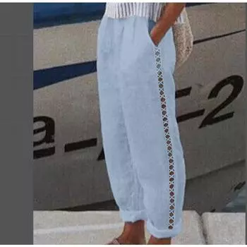 Женские брюки весна-лето из хлопка и льна с белыми карманами, винтажные, с эластичной резинкой на талии, однотонные, свободные, повседневные брюки S белый